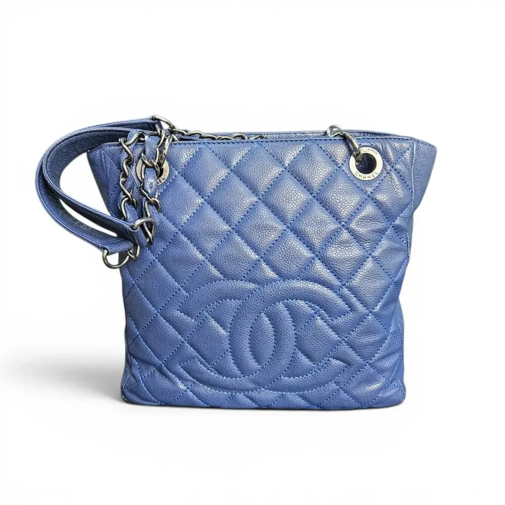Vintage Chanel Caviar Petite Shopping Tote Blue Quilted